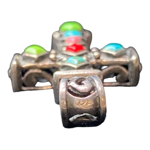 Cross Pendant With 7 Stones: Turquoise Red Coral Rhodonite Magnesite & Sterling - Picture 6 of 8